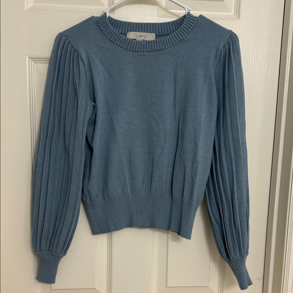 LOFT Slate Blue Pleated-Sleeve Crewneck Sweater